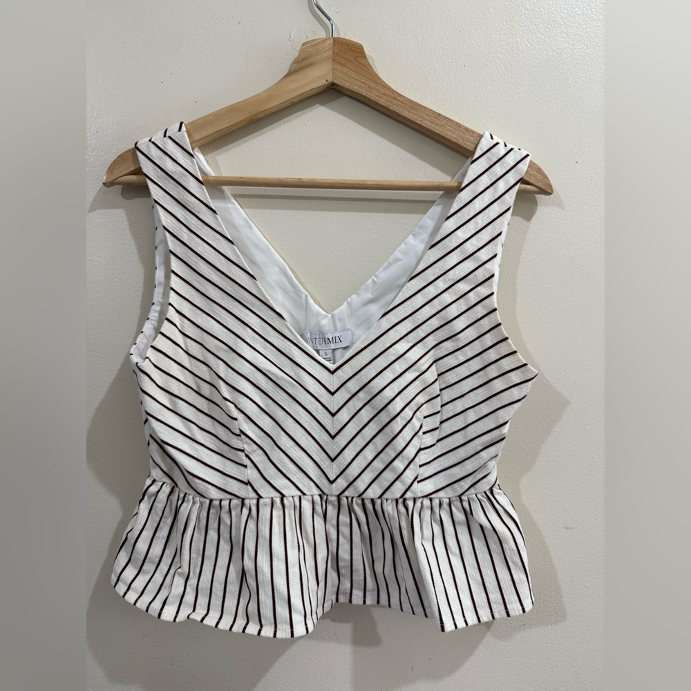 INTERMIX White Sleeveless V-Neck Peplum Top with Black Stripes